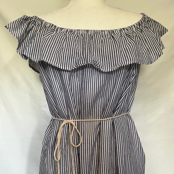 You and I Off Shoulder Dress Womens Sz L Blue Stripe Ruffle Tassel Cottage Core - Picture 2 of 11